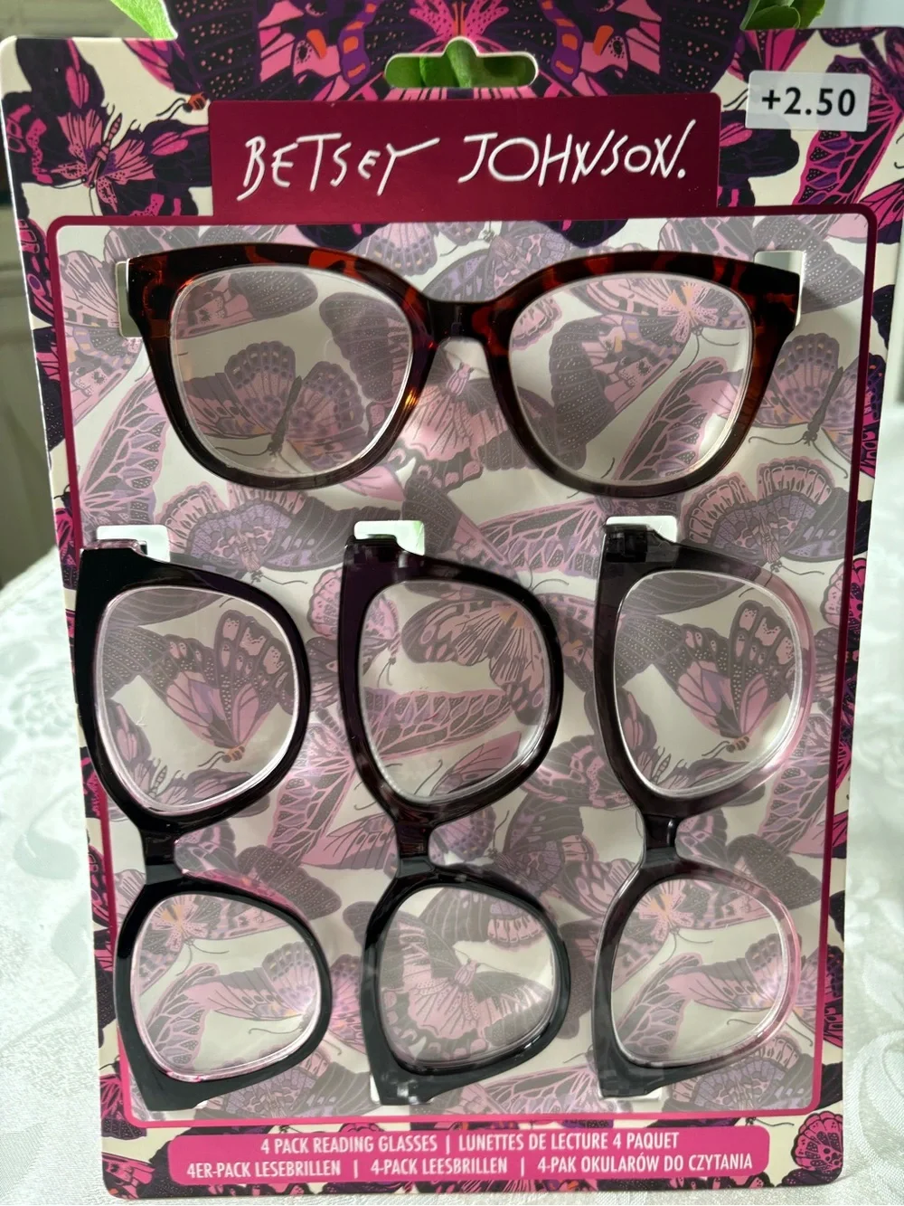 Betsey Johnson +2.50 4-Pack Reading Glasses in Tortoiseshell & Black New